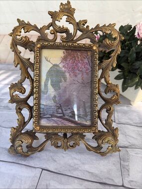 Antique Victorian ornate heavy brass picture frame folding footed 7.5”X10.5”
